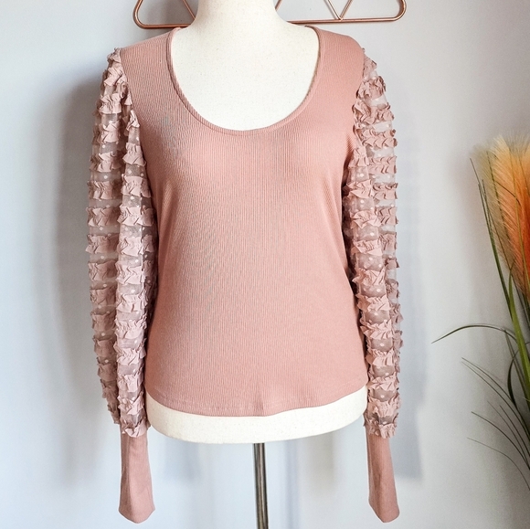 Anthropologie, New, Dolan Mauve Ruffle Blouson Sleeve Shirt Top, Size Large - Picture 2 of 12